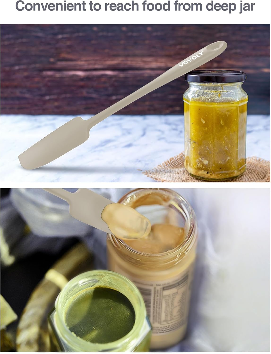 2-Pack Vovoly Silicone Jar Spatulas, Small Seamless Design Rubber Scraper with Stainless Steel Core, Heat Resistant and Non-Stick Mini Spatula for Jars and Blenders, BPA Free,11 IN, Khaki