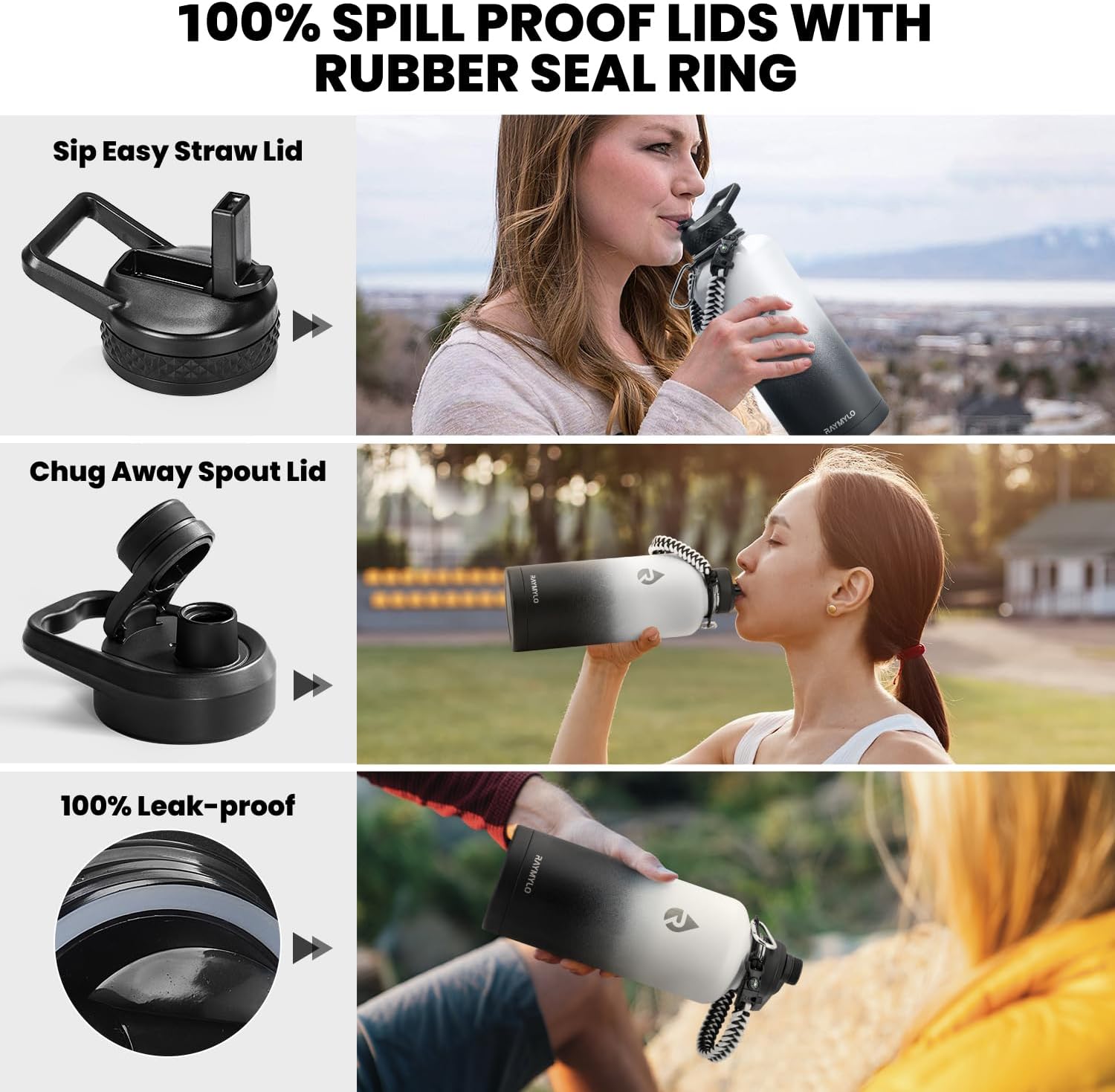 Insulated Water Bottle 87 oz, Triple Wall Vacuum Stainless Steel (Cold for 48 Hrs), Leak Proof & Non-BPA, Modern Water Flask Jug with Paracord Handle & Straw Spout Lids, Ombre: White/Black