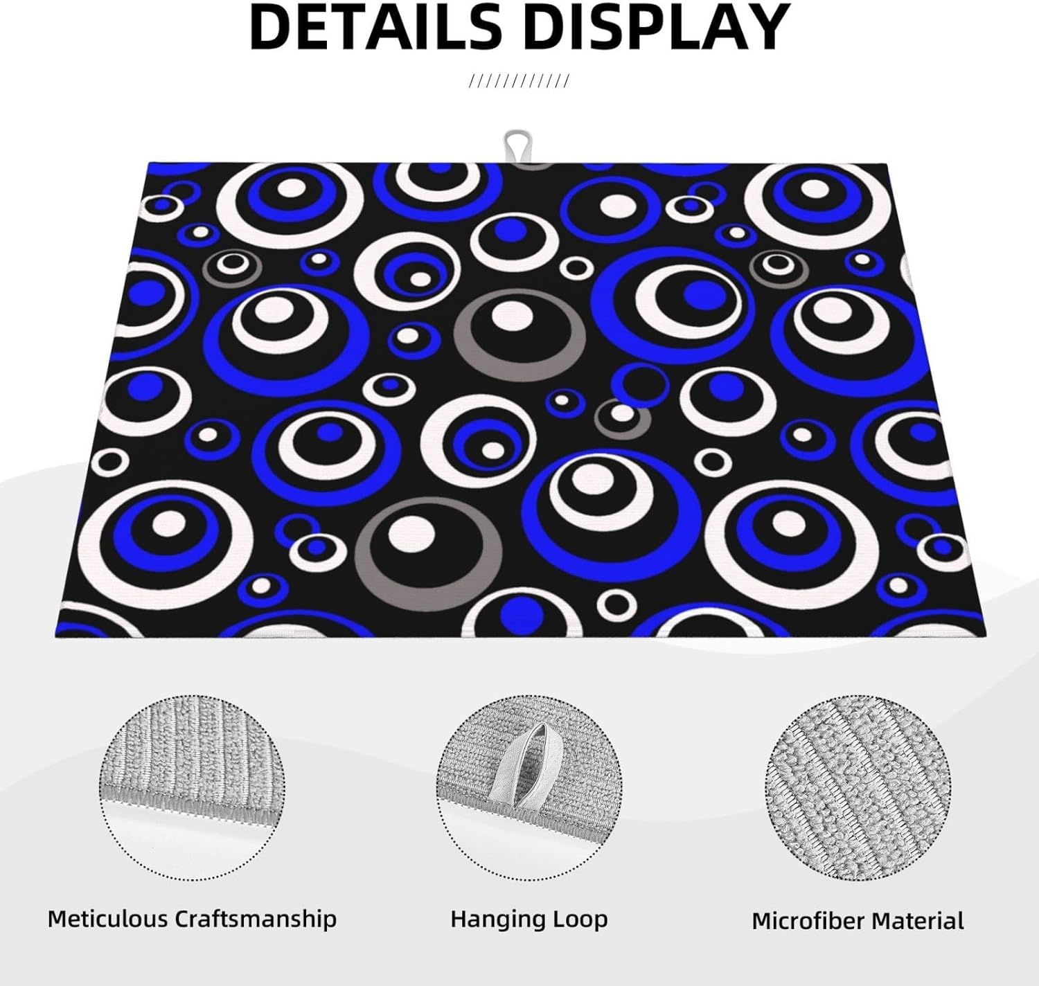 Blue Black White Geometric Circle Dish Drying Mat for Kitchen Counter, 18" x 24" Absorbent Microfiber Drying Pad for Dishes, Modern Decor Kitchen Mat, Foldable, for Sink Dining Area Small Appliances