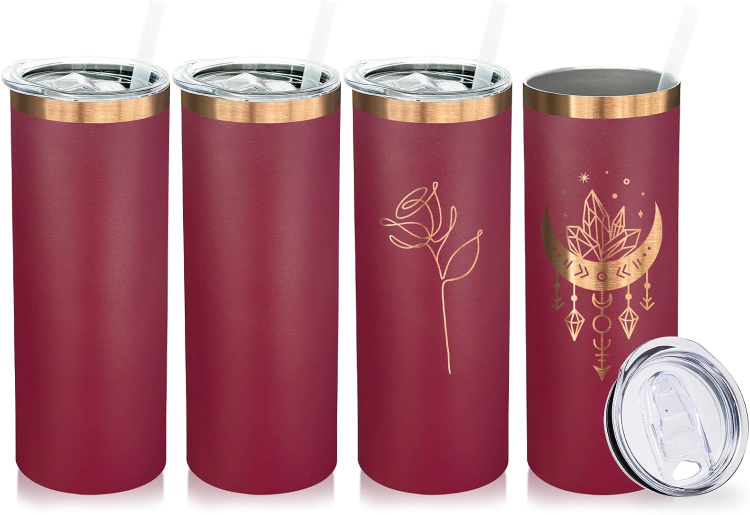 20 oz Skinny Tumblers Bulk 4 Pack, Stainless Steel Insulated Tumbler with Lids and Straws, Slim Double Wall Powder Coated Travel Coffee Mugs Reusable Cup for Hot Cold Drinks (Red,4 pack)