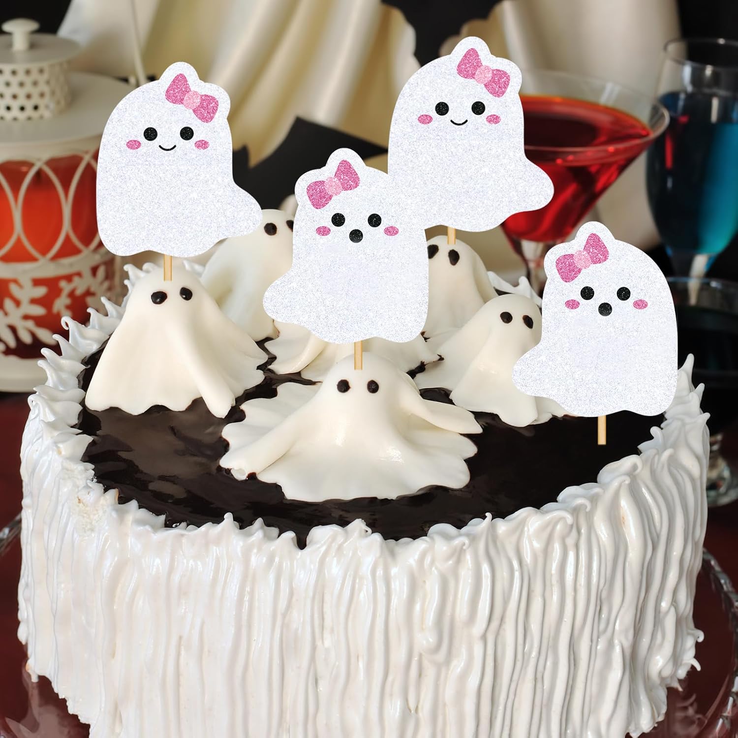 Whaline 48Pcs Halloween Cupcake Toppers Pink Bow Ghost Cupcake Picks Cute Ghost Cake Decorations for Halloween Birthday Party Supplies