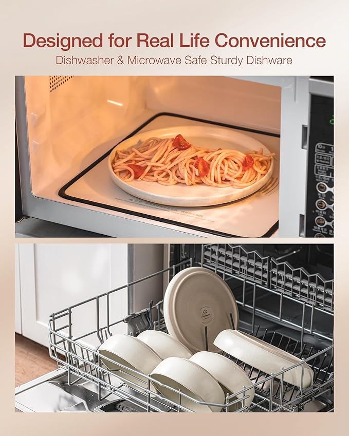 Famiware Milkyway Stoneware Dinnerware Sets with Mugs, Service for 6 (24 Pieces), Reactive Glaze Plates and Bowls Sets, Microwave and Dishwasher Safe Dishes Set, Matte Beige White