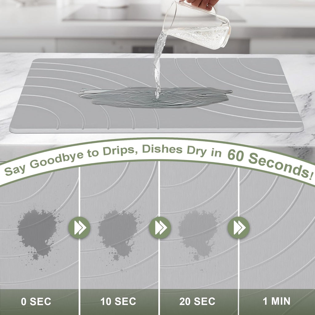 Large Stone Drying Mat for Kitchen Counter, 24" × 16" Diatomite Dish Drying Mat, Quick Dry Stone Mats, Ultra Absorbent Natural Diatomaceous Earth Mats for Dished, Bottles, Grey