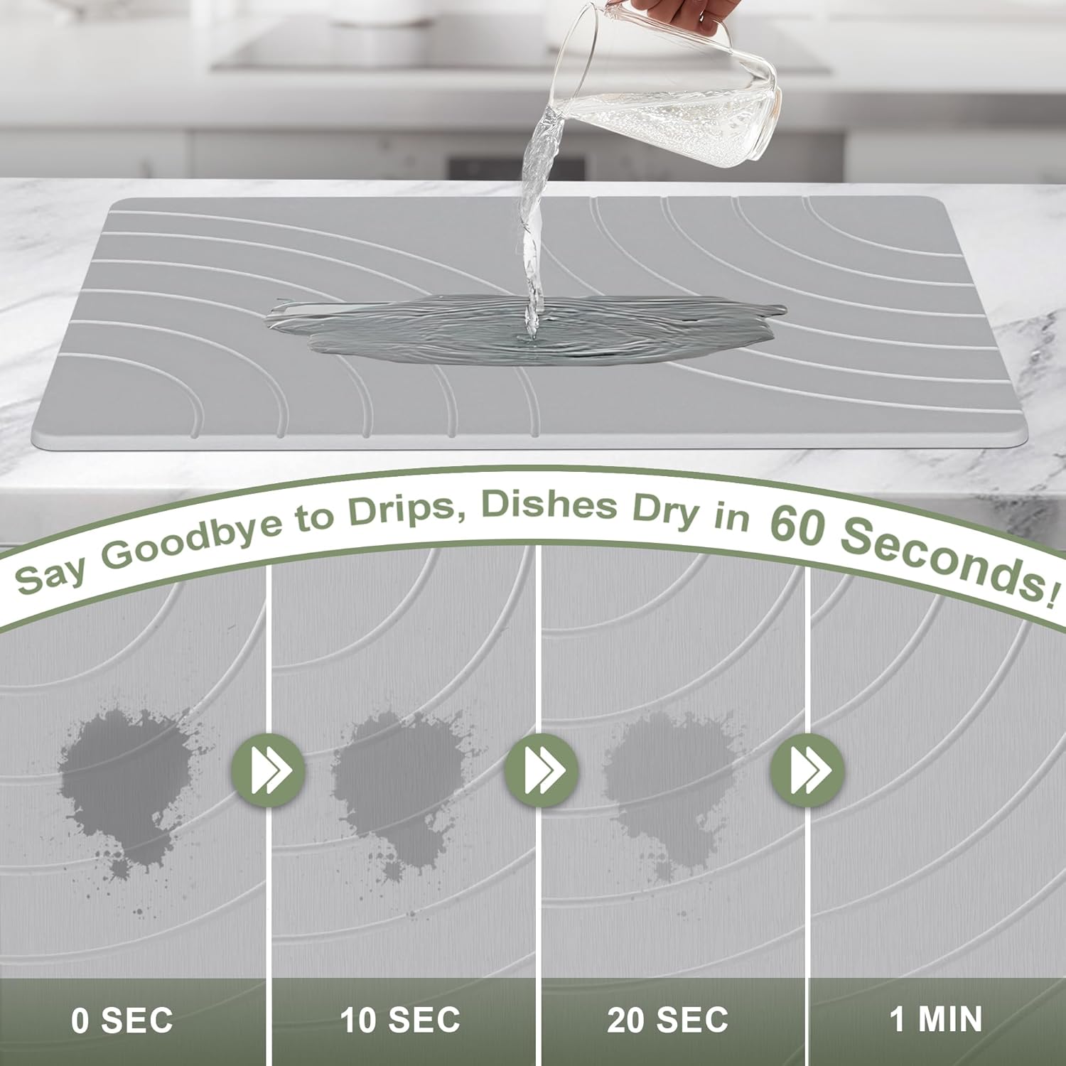 Large Stone Drying Mat for Kitchen Counter, 24" × 16" Diatomite Dish Drying Mat, Quick Dry Stone Mats, Ultra Absorbent Natural Diatomaceous Earth Mats for Dished, Bottles, Grey