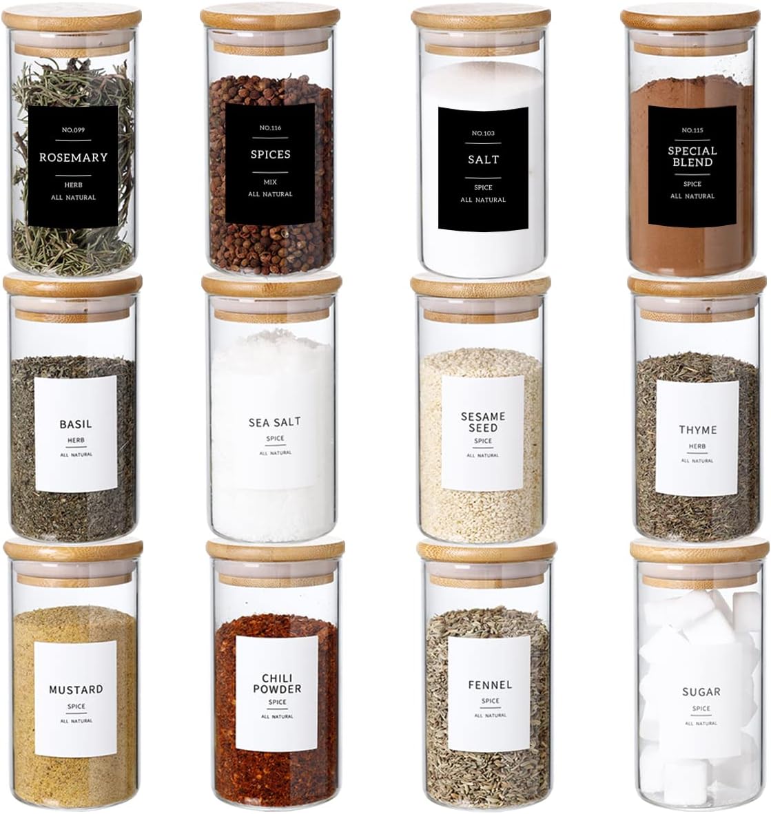 12 Pcs Glass Spice Jars With 296 Spice Labels Preprinted of White and Black Color- 10oz Thicken(2.4mm) Spice Containers With Bamboo Airtight Lids - Empty Small Herb Seasoning Jars