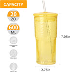 20 OZ Glass Cup with Lids and Glass Straws, High Borosilicate Iced Coffee Glass Tumblers with Lid and Straw for Drinks, 2pcs Reusable Wide Mouth Smoothie Cup(Yellow)