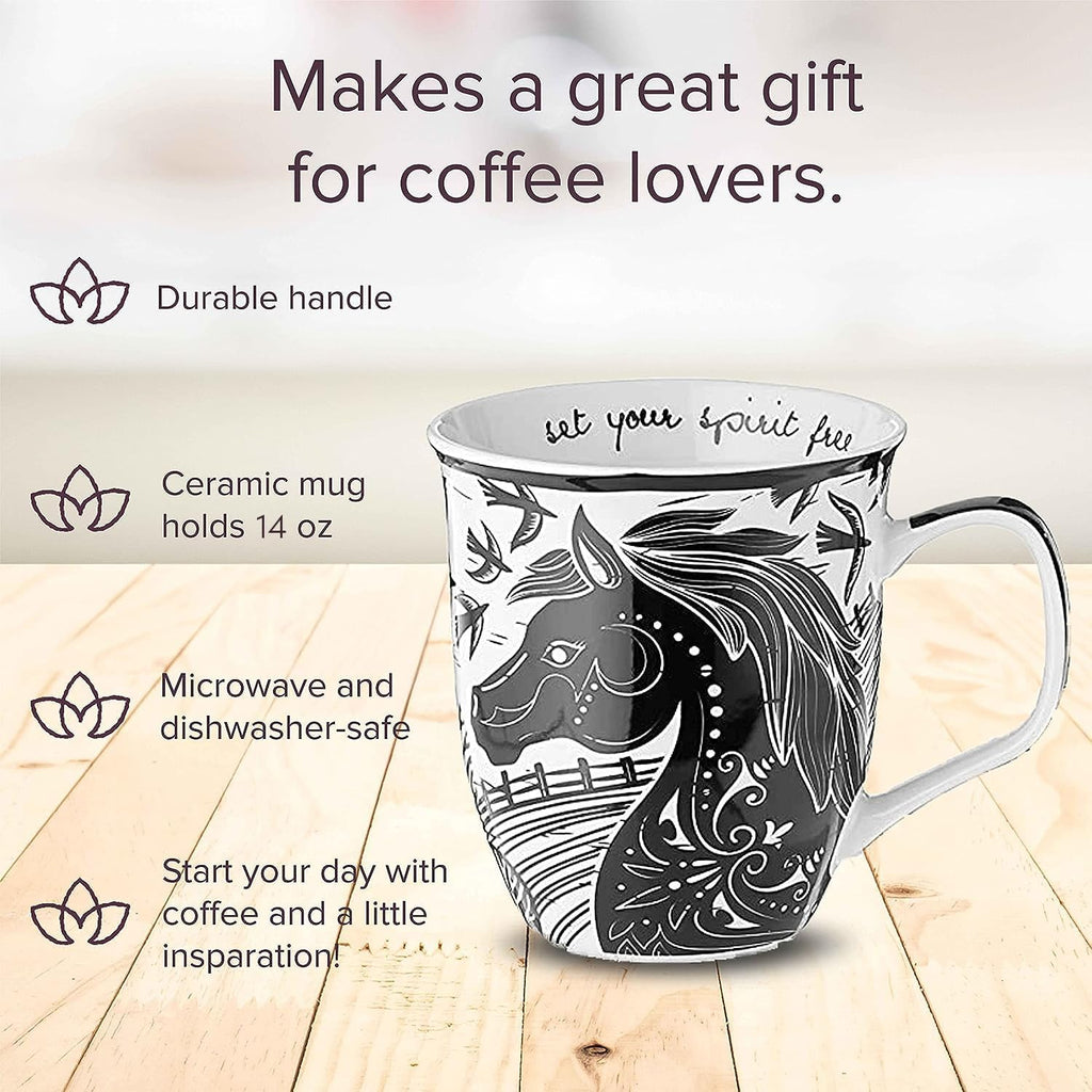 Karma Gifts 16 oz Black and White Boho Mug Horse - Cute Coffee and Tea Mug - Ceramic Coffee Mugs for Women and Men