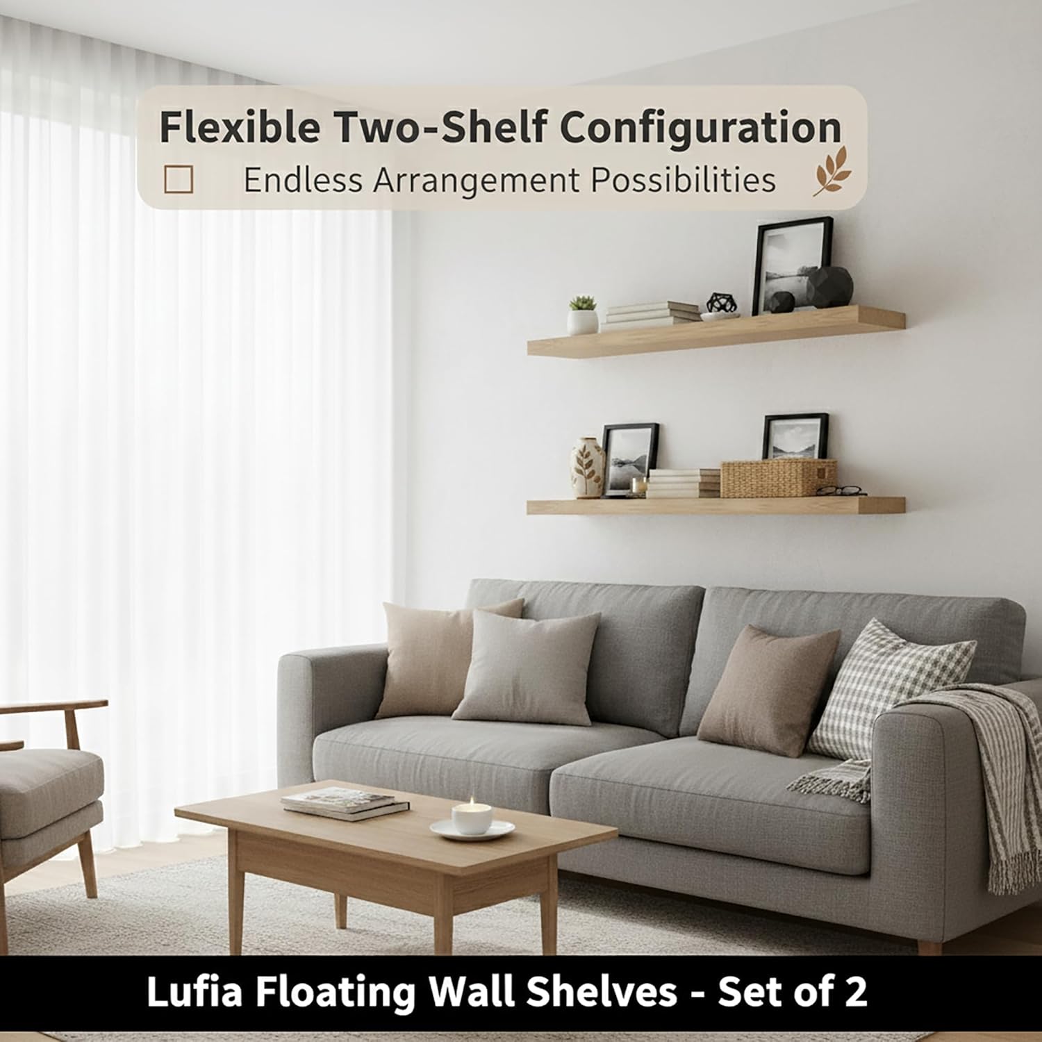 Lufia Floating Wall Shelves, Set of 2, MDF with Invisible Brackets, Modern Storage for Bedroom, Bathroom, Living Room, Kitchen (Oak, 32" W X 7" D X 1.5" H)