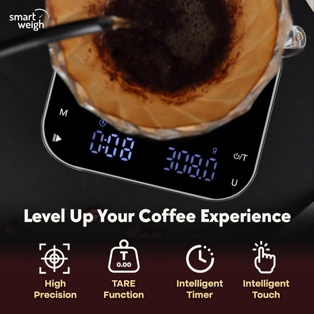 Smart Weigh Coffee Scale 3000g x 0.1g High Precision Sensors Accurate Scale for Espresso Pour-Over Coffee Digital Kitchen Food Scale for Baking Portable Kitchen Scale with LED Display