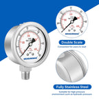 MEASUREMAN Fully Stainless Steel Hydraulic Glycerin Filled Pressure Gauge, 2-1/2" Dial Size, 1/4" NPT Lower Mount, 0-60psi/kpa