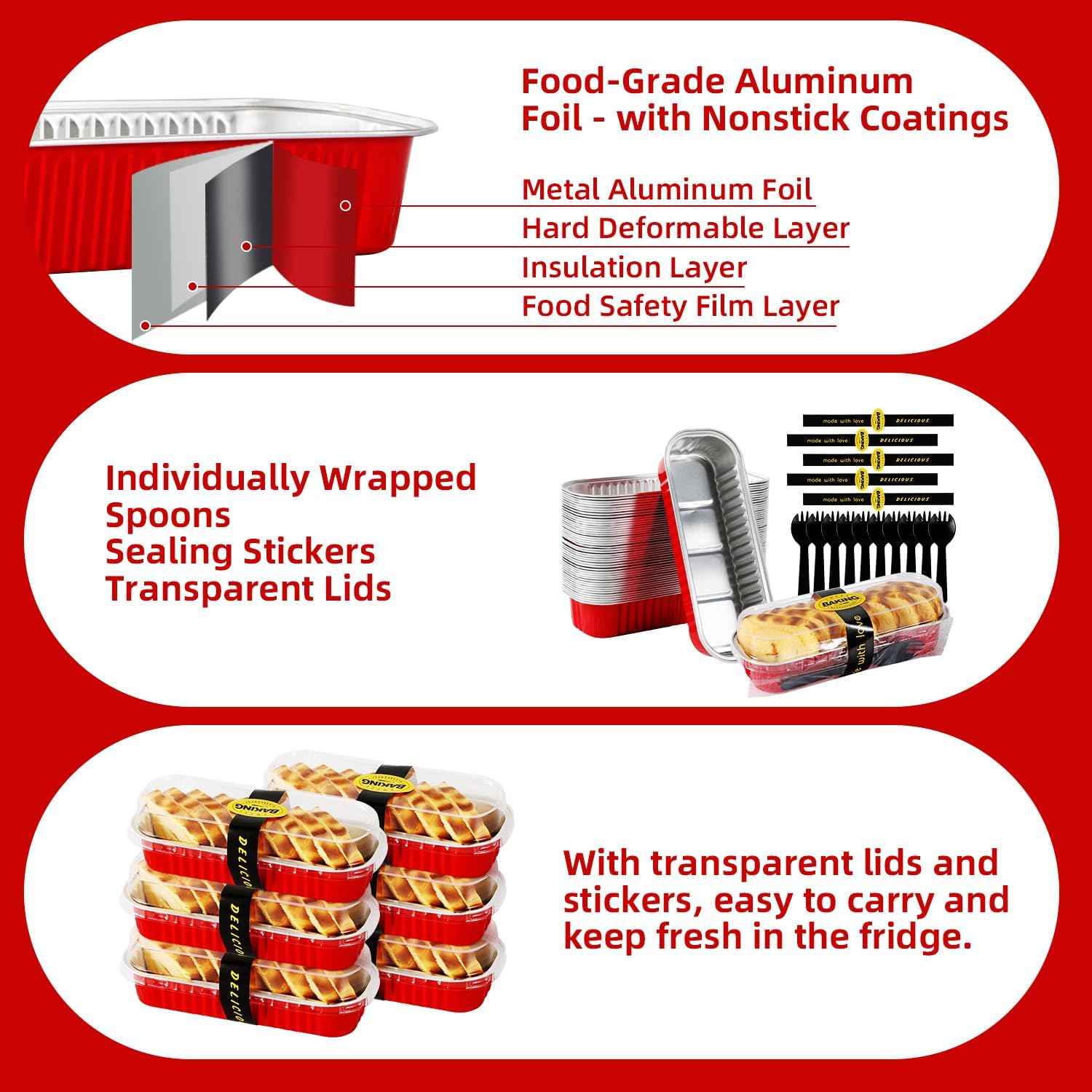 Mini Loaf Pans with Lids and Spoons Sealing Sticker,30 Pcs 6.8oz Cake Pans for Baking Disposable Aluminum Foil Red cake pan (30 Pack Red)