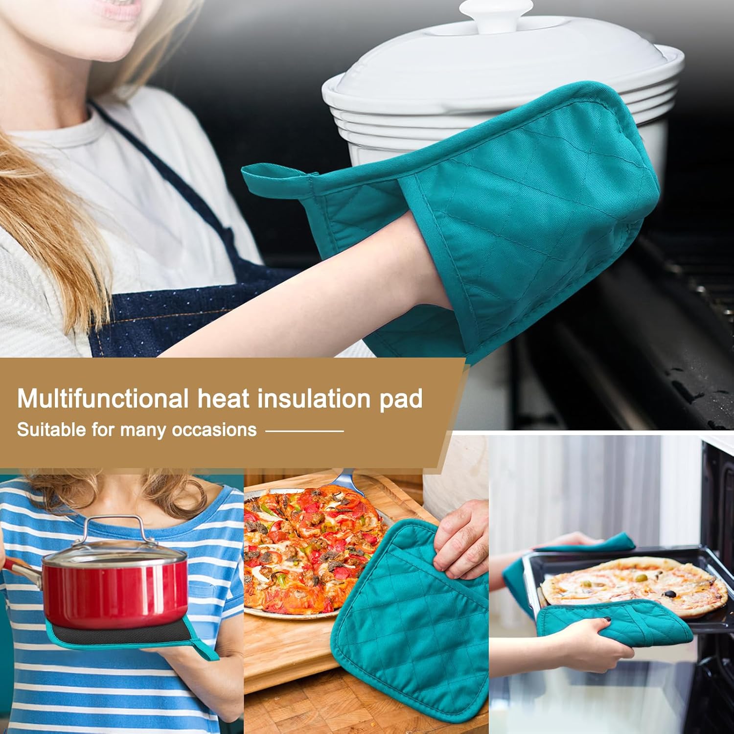 Cotton and Neoprene Oven Pads Pot Holders with Pocket 8"x8.5" Dual-Function Hot Pad Set for Finger Hand Wrist Protection Heat Resistant to 428°F Teal