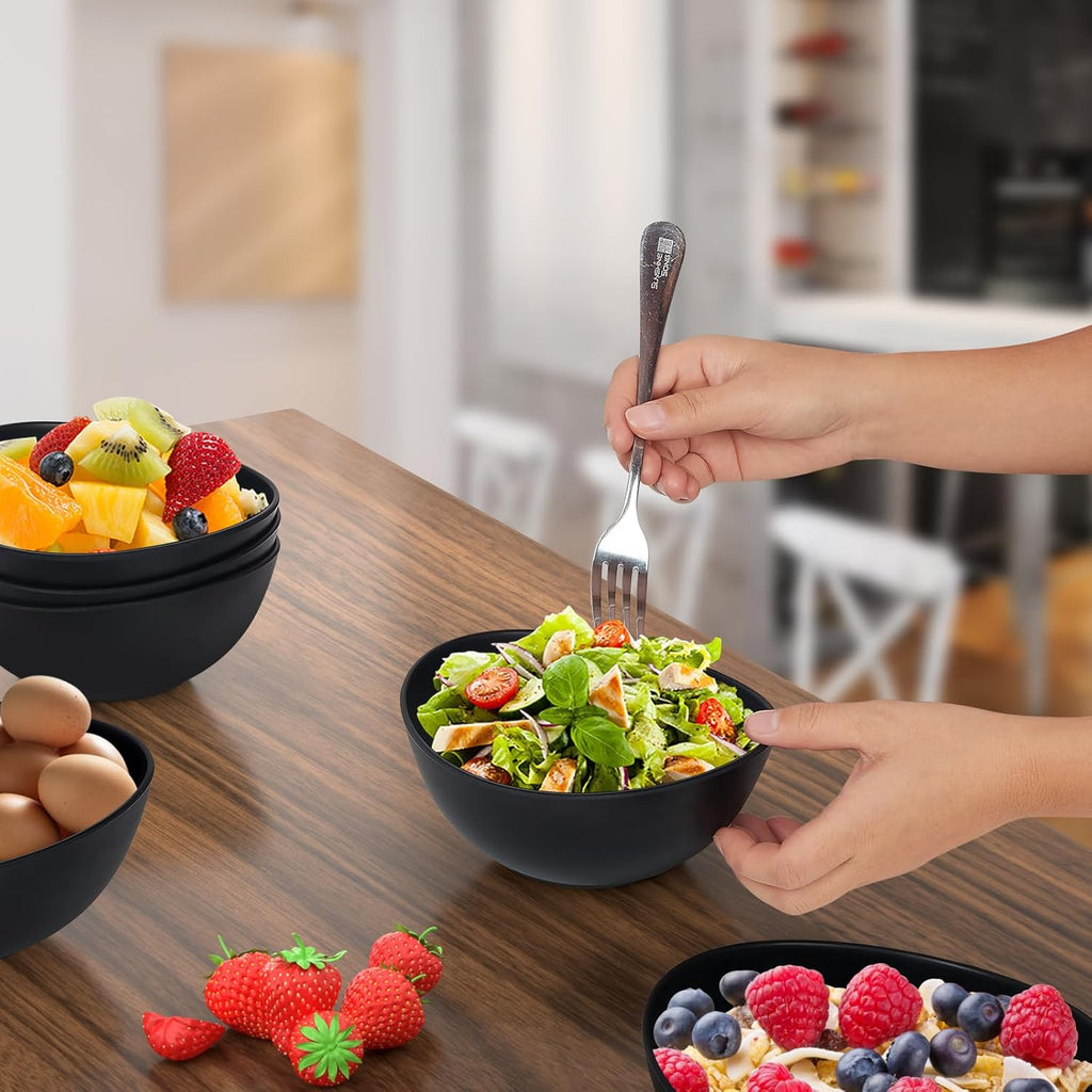 6.2'' Bamboo Fiber Cereal Bows Set of 6, Soup Bowls 24 Oz for Serving Salad, Snack, Side Dishes, Modern Oval Lightweight Bowls for Breakfast,Lunch and Dinner, Dishwasher and Freezer Safe(Matte black)