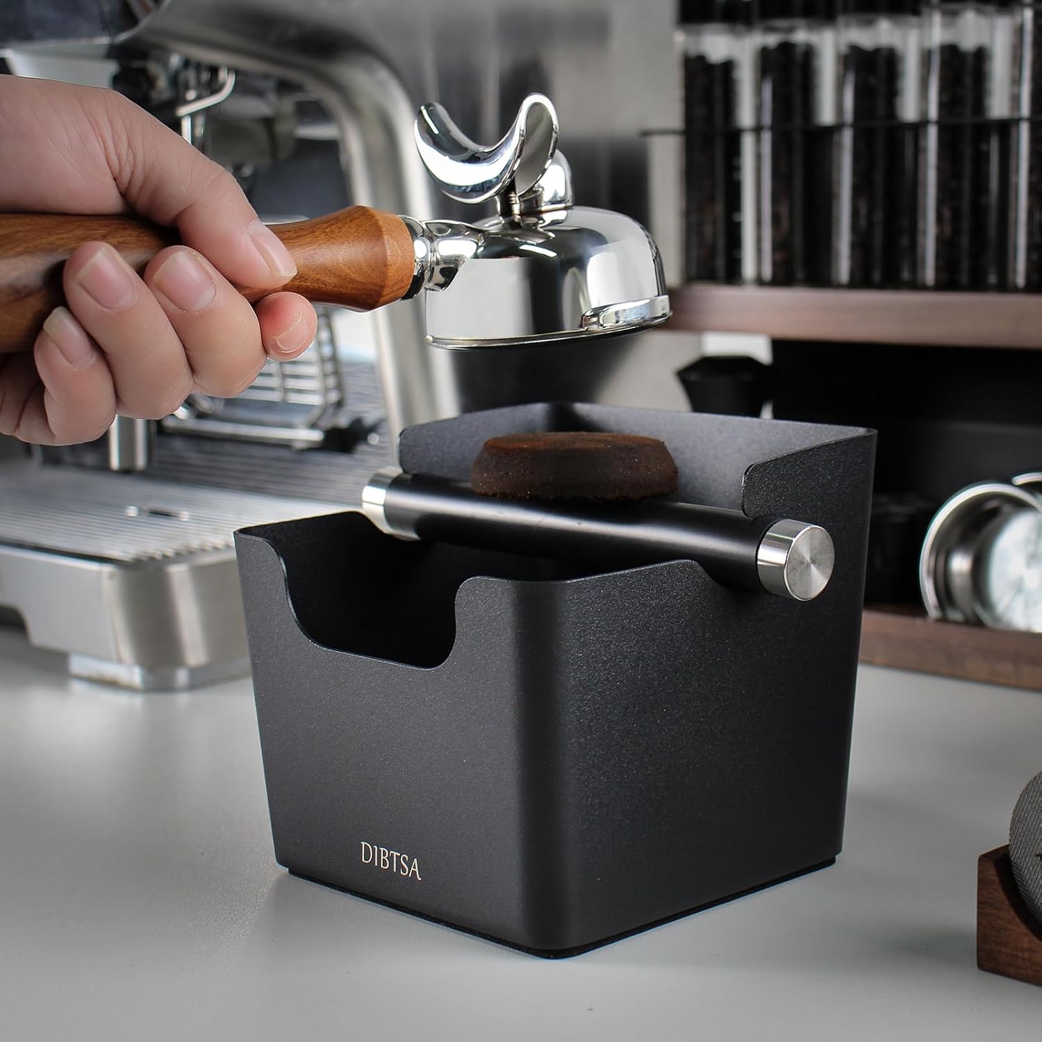 Knock Box Espresso, Stainless Steel Knock Box for Coffee Grounds, with Removable Rubber Bar and Anti-slip Pad, Large, Black