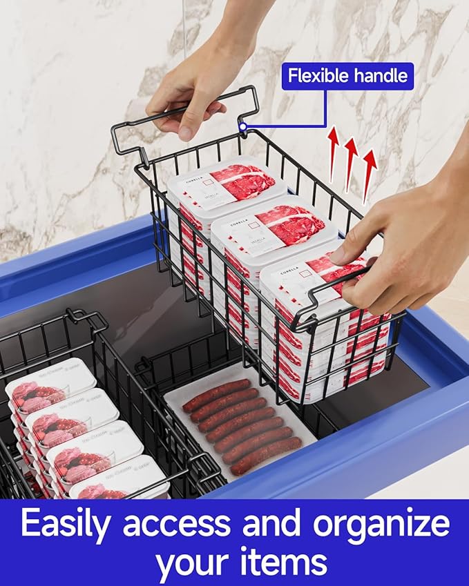 Freezer Organizer Bins - Fit 10 to 20 Cu.FT Deep Freezer, Stackable Chest Freezer Organizer Sort Frozen Food and Easily Get with Handle, 4 Pack Chest Freezer Bins, Black