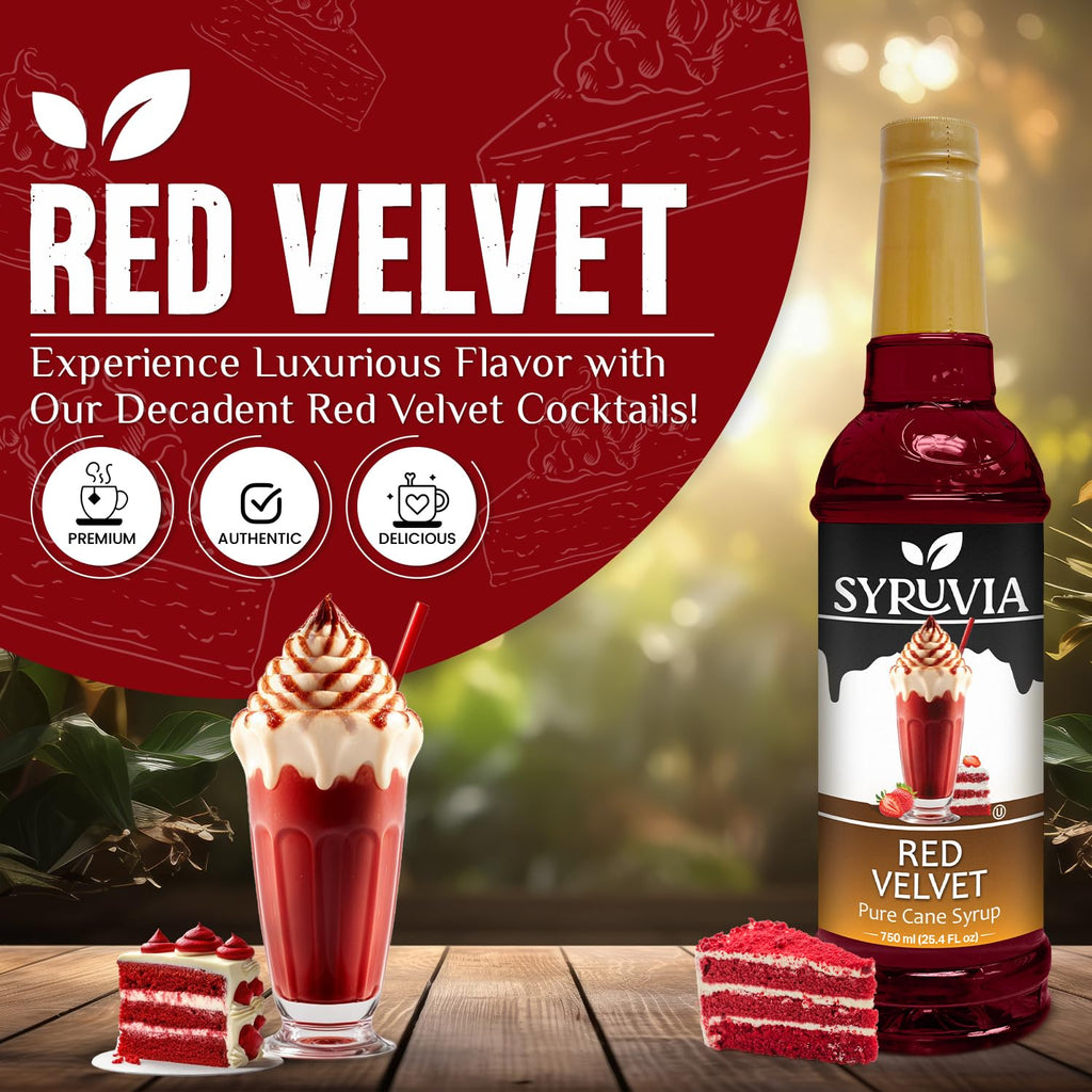 Syruvia Red Velvet Coffee Syrup - 25.4 fl oz - Kosher Coffee Syrups, Gluten Free, No Coloring, Perfect for Drinks, Soda, Shakes, Desserts, and More.