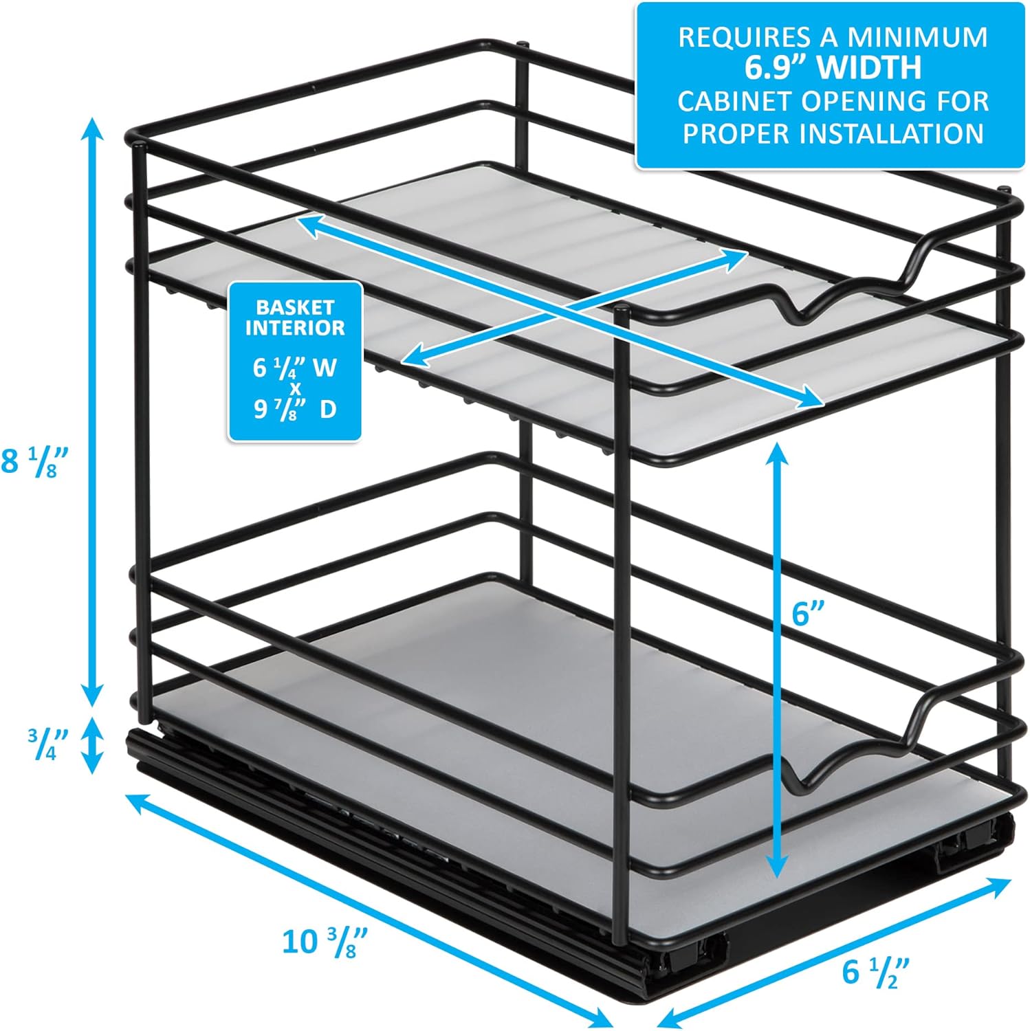 Pull Out Cabinet Organizer for Spices, Cans - Heavy Duty with Lifetime Limited Warranty- Pull Out Spice Rack- Cabinet Pull Out Shelf for Cans,Dishes, Etc, 6-1/2"Wx10-3/8"Dx8-7/8"H, Black