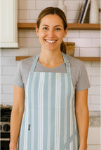 AMOUR INFINI Cotton Striped Aprons for Women with Pockets - Adjustable Strap and Waist Ties Printed Apron for Baking, Cooking, Gardening (27.5 x 33 Inches - Dove Blue)