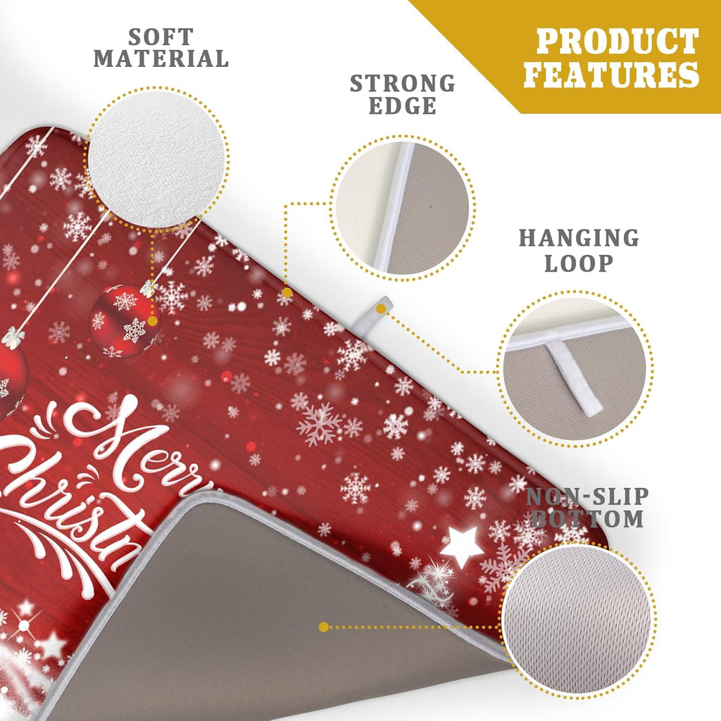 Merry Christmas Dish Drying Mat for Kitchen Counter Winter Snowflake Pine Fast Absorbent Red Drying Mat 16x18 Inch Xmas Jingle Bells Decoration Dishes Pad Dish Drainer Rack Mats Holiday Decor
