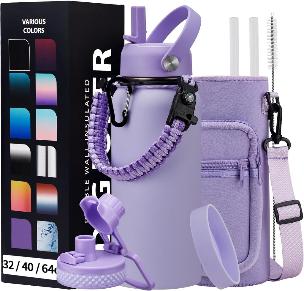 Insulated Water Bottle 32 oz - with Straw & Pop-up Spout Lid, Paracord Handle, Carrier Shoulder Strap, Protective Boot, Wide Mouth Double Walled Vacuum Insulated Gym Water Bottle for Women