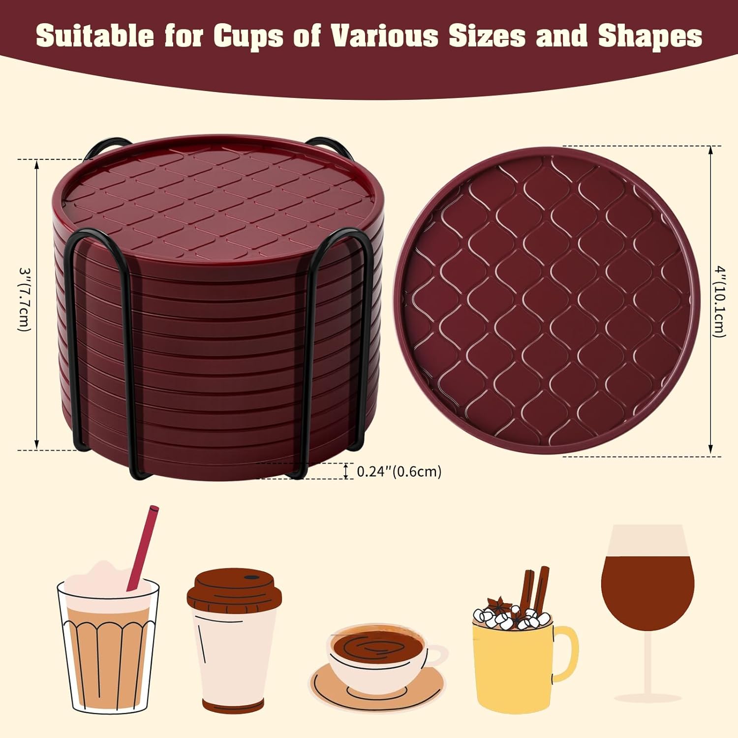 Coasters,Drink Coasters Set of 8 with Holder (Wine red, 12pcs)