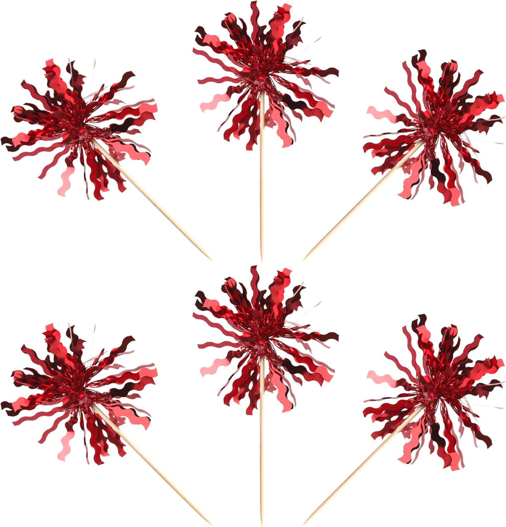 30 PCS Foil Firework Cupcake Toppers Sparkle Tinsel Cupcake Picks Happy Birthday Cake Toppers Drink Stirrers Cocktail Food Fruit Toothpicks for Baby Shower Birthday Party Decorations Supplies Red