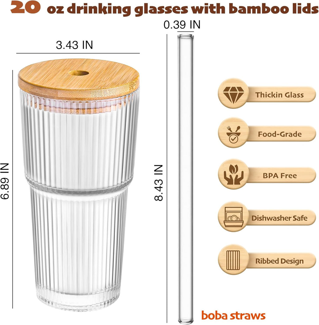 20 oz Ribbed Glass Tumblers with Bamboo Lids and Straws, 2 Pcs Wide Mouth Thickened Vintage Glass Cup for Boba, Iced Coffee, Juice