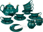 fanquare 21 Piece Vintage Porcelain Tea Set, Green with Gold Trim Fine China Tea Sets for Party, Teapot with Tea Cup and Saucers Set for 6, Christmas Gifts