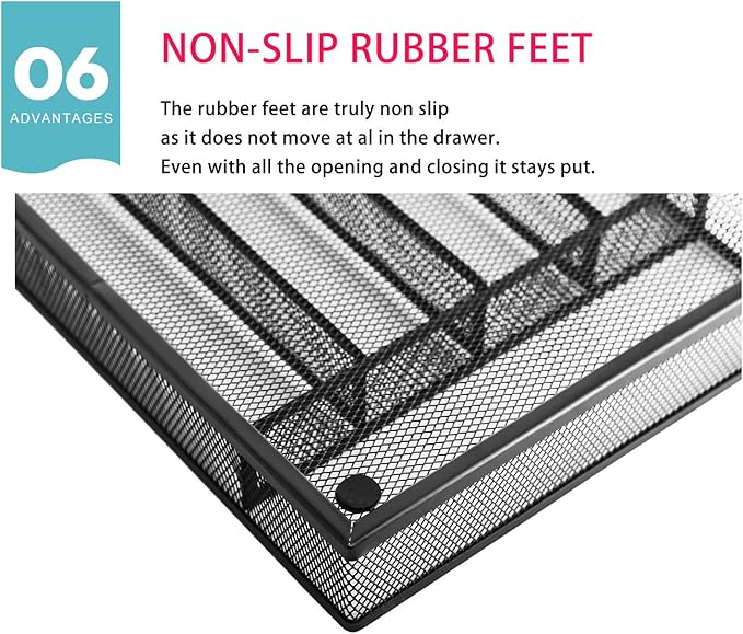 JANE EYRE Utensil Drawer Organizer, Cutlery Tray Silverware Flatware Storage Divider for Kitchen, Mesh Wire with Non-slip Foam Feet, 5 Component, Black