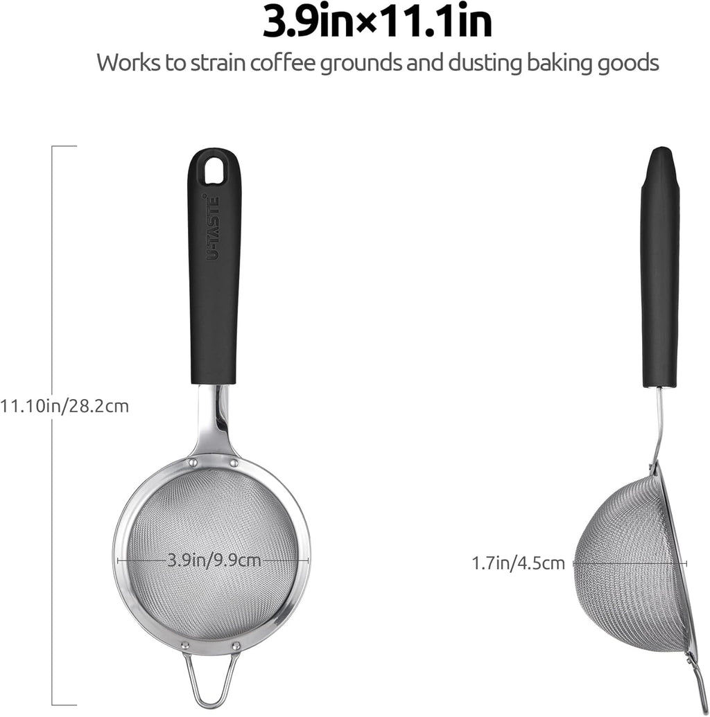 18/8 Stainless Steel Mesh Strainer: U-Taste 3.9 Inch Kitchen Fine Mesh Sieve Food Colander with Riveted Sturdy Silicone Handle and 30 Mesh Hole for Straining Flour, Quinoa, Tea, Juice (Black)