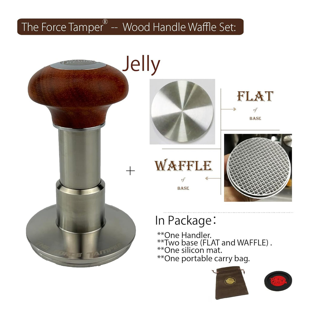 The Force Tamper Automatic Impact Adjustable Constant Pressure and Autoleveling Coffee Tamper Reddish Brown Jellyfish Wooden Handle Set Pro (Waffle-Set, 58.35mm)