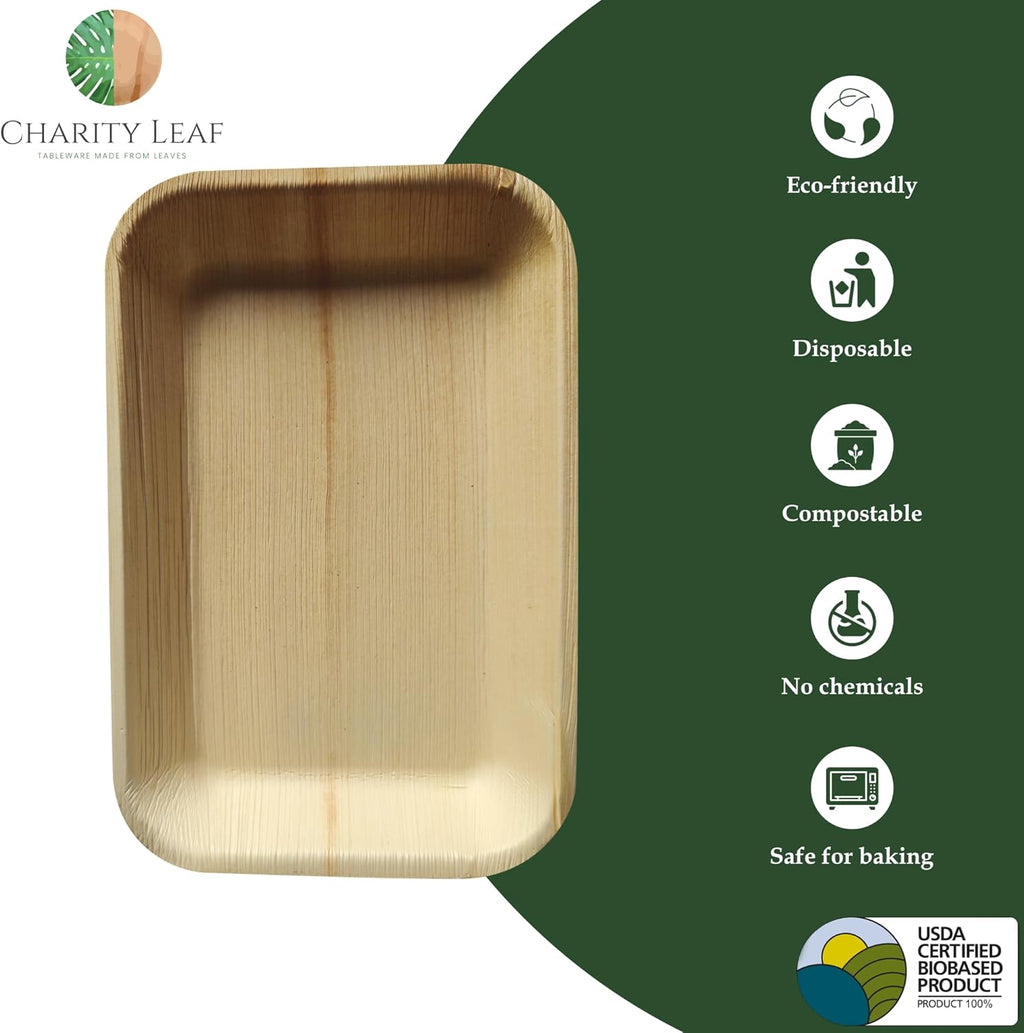 Charity Leaf Eco-Friendly Palm Leaf Trays - 9"x6" (25-Pack) | Elegant Bamboo-Inspired Platters | Premium Quality, Biodegradable | Perfect for Weddings, Catering, Events | Disposable Yet Chic