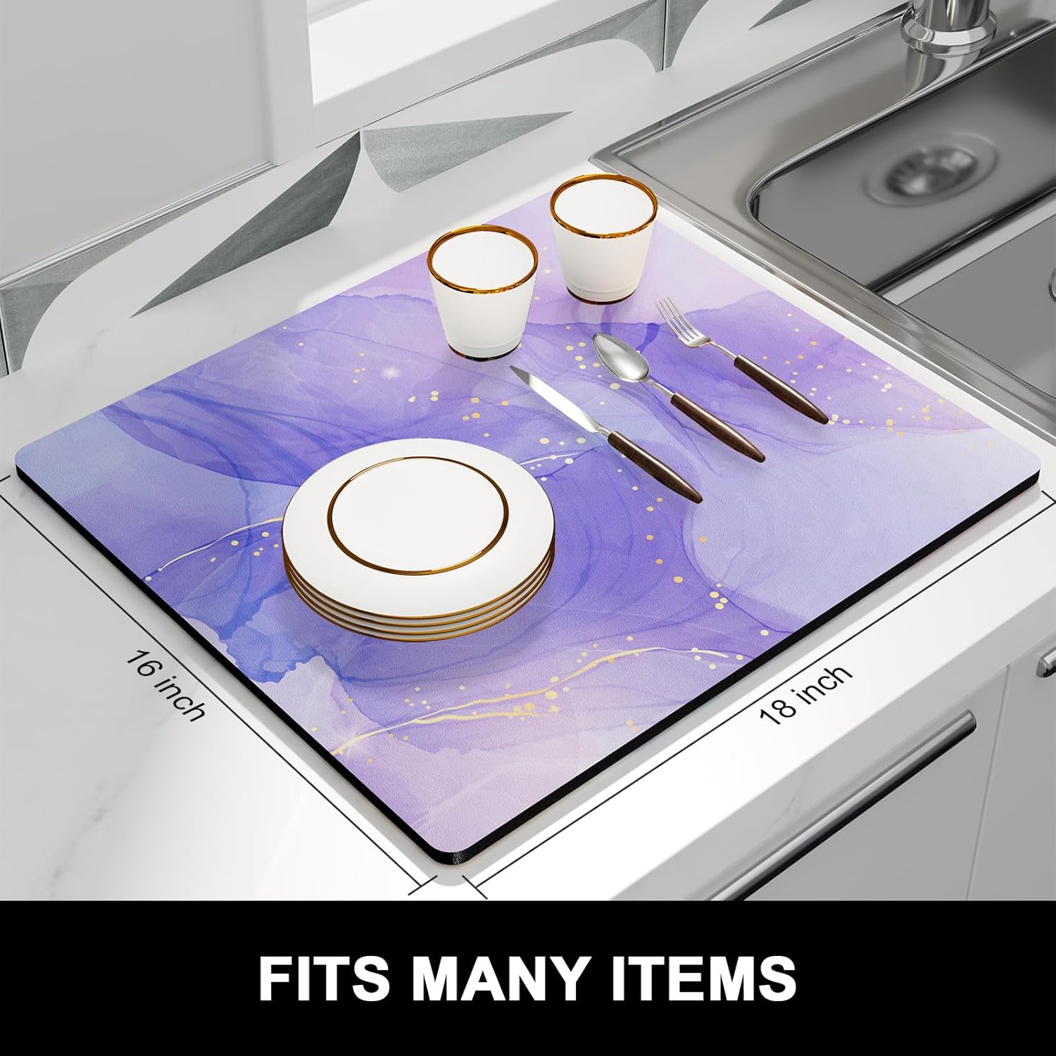 Rnivvi Dish Drying Mat for Kitchen Counter, 16 x 18" Cute Marble Theme Absorbent Heat Resistant Drying Pad with Non-slip Rubber, Coffee Bar Mats for Coffee Machine Dish Rack Kitchen Decor, Purple