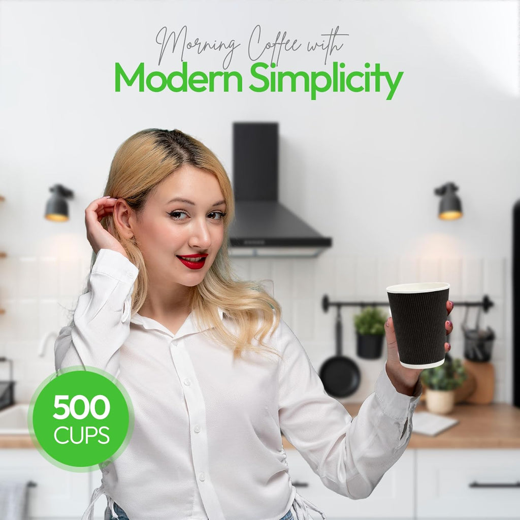 500-CT Disposable Black 12-OZ Hot Beverage Cups with Ripple Wall Design: No Need for Sleeves - Perfect for Cafes - Eco-Friendly Recyclable Paper - Insulated - Wholesale Takeout Coffee Cup