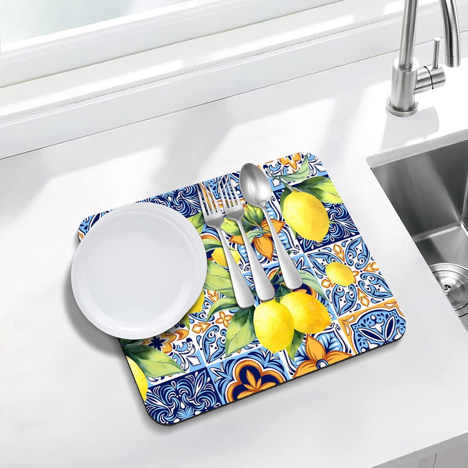 Rubber Dish Drying Mat for Kitchen Counter Large Lemon Washable Quick Home Coffee Pad Fit Under Sink,Bar,Utensils 16x18in