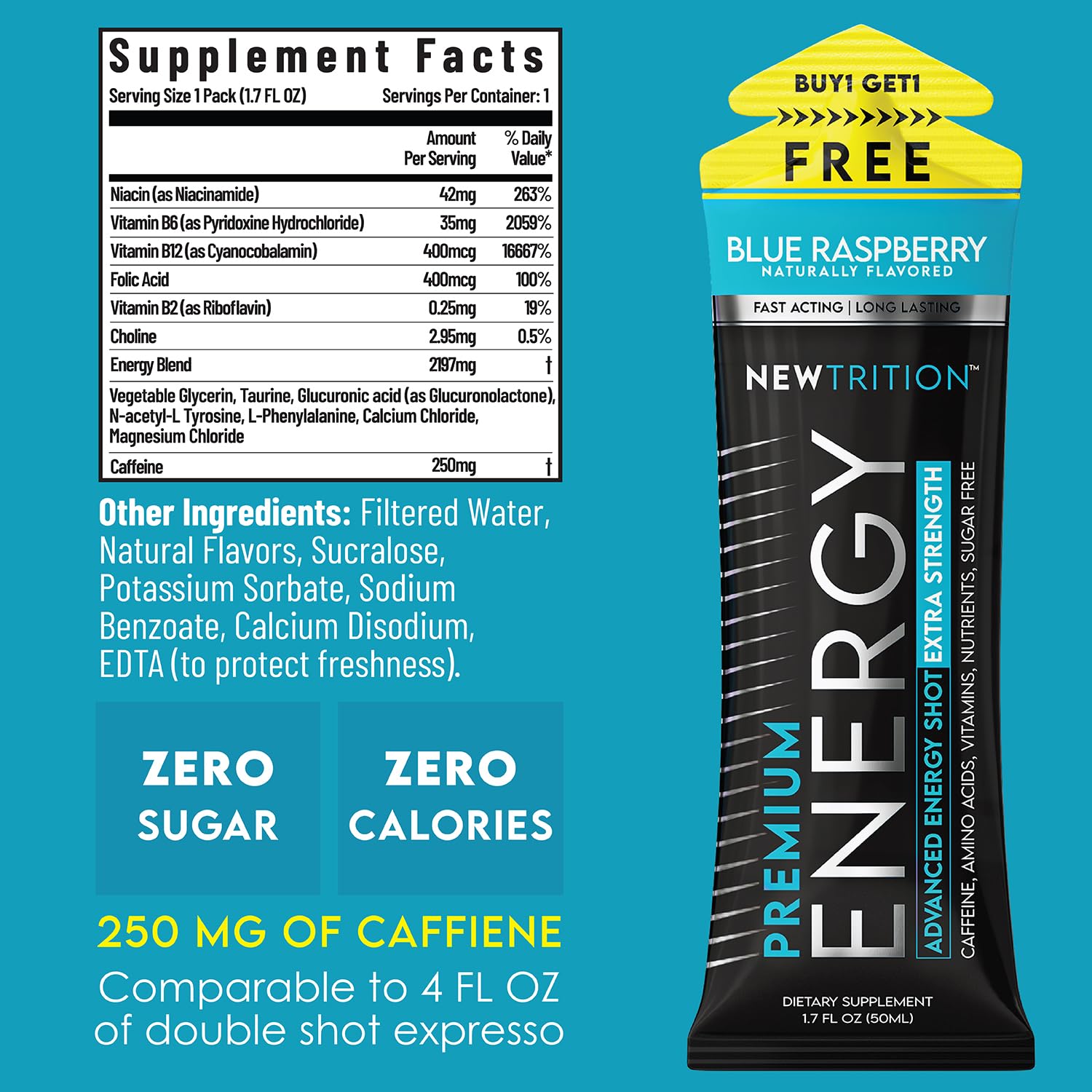 NewTrition® Extra Strength Energy Shots, 250mg Caffeine Energy Shots with Vitamin B & Amino Acids, Sugar-Free Vitamin Energy Shot, 1.7 fl oz (Pack of 24, Blue Raspberry)