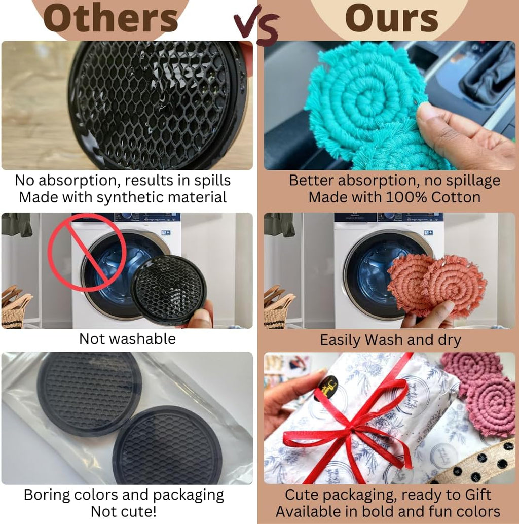 Cotton Car Coasters for Cup Holders, 2PC Car Cup Coasters, Drink Coaster Holder, Cute cupholder Coaster Accessories for Women, Macrame, Boho (Vanilla White)