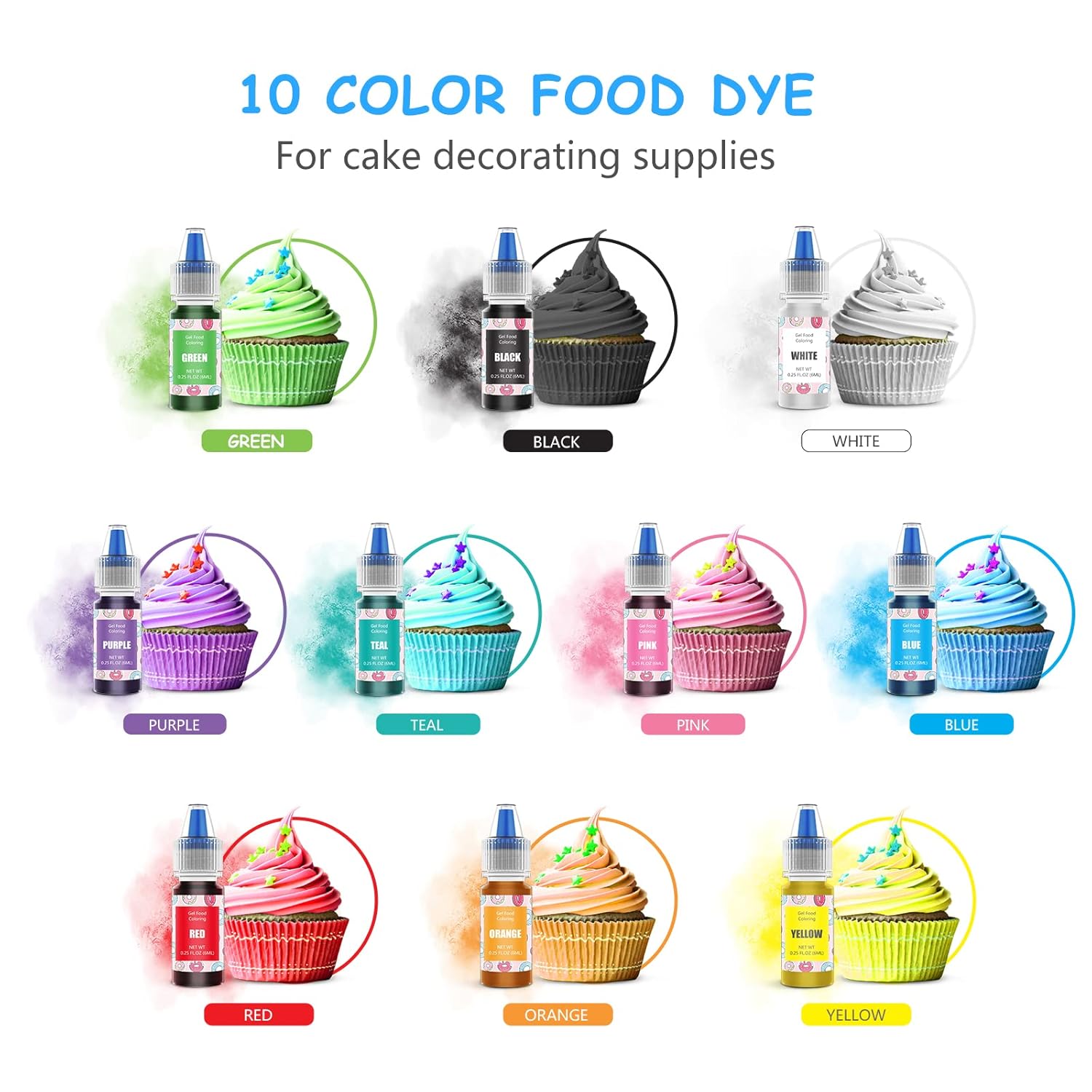 Food Coloring Gel Cake Decorating Set - Jelife 10 Colors Gel Based Edible Food Color Easter Egg Dye Kit Concentrated Neon Icing Colors for Kids Baking Macaron Frosting Fondant Cookie (6ml/Bottles)