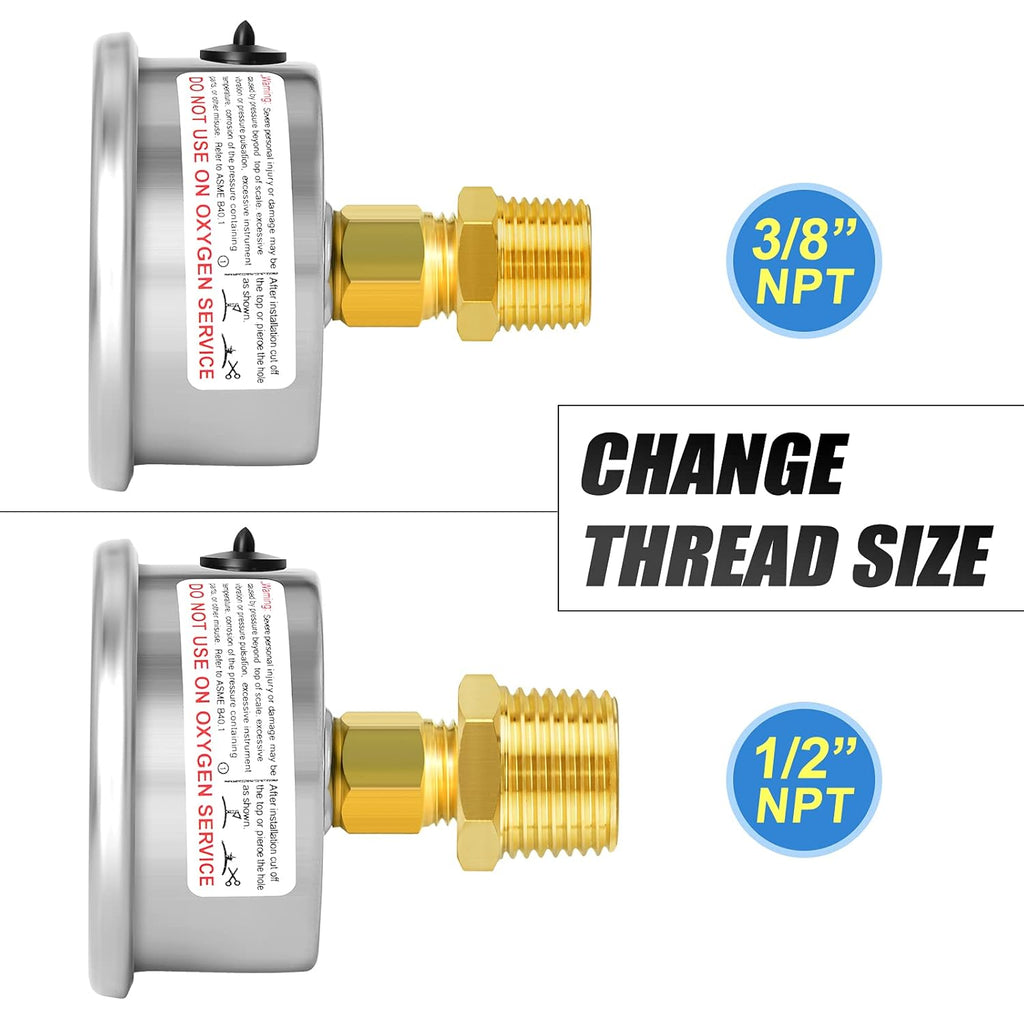 MEANLIN MEASURE 1/4" NPT 0-60psi Pressure Gauge, 2" Dial Glycerine Filled Pool Filter, 304 Stainless Steel Housing, Back Mount, with 1/2" NPT and 3/8" NPT Hex Bushing