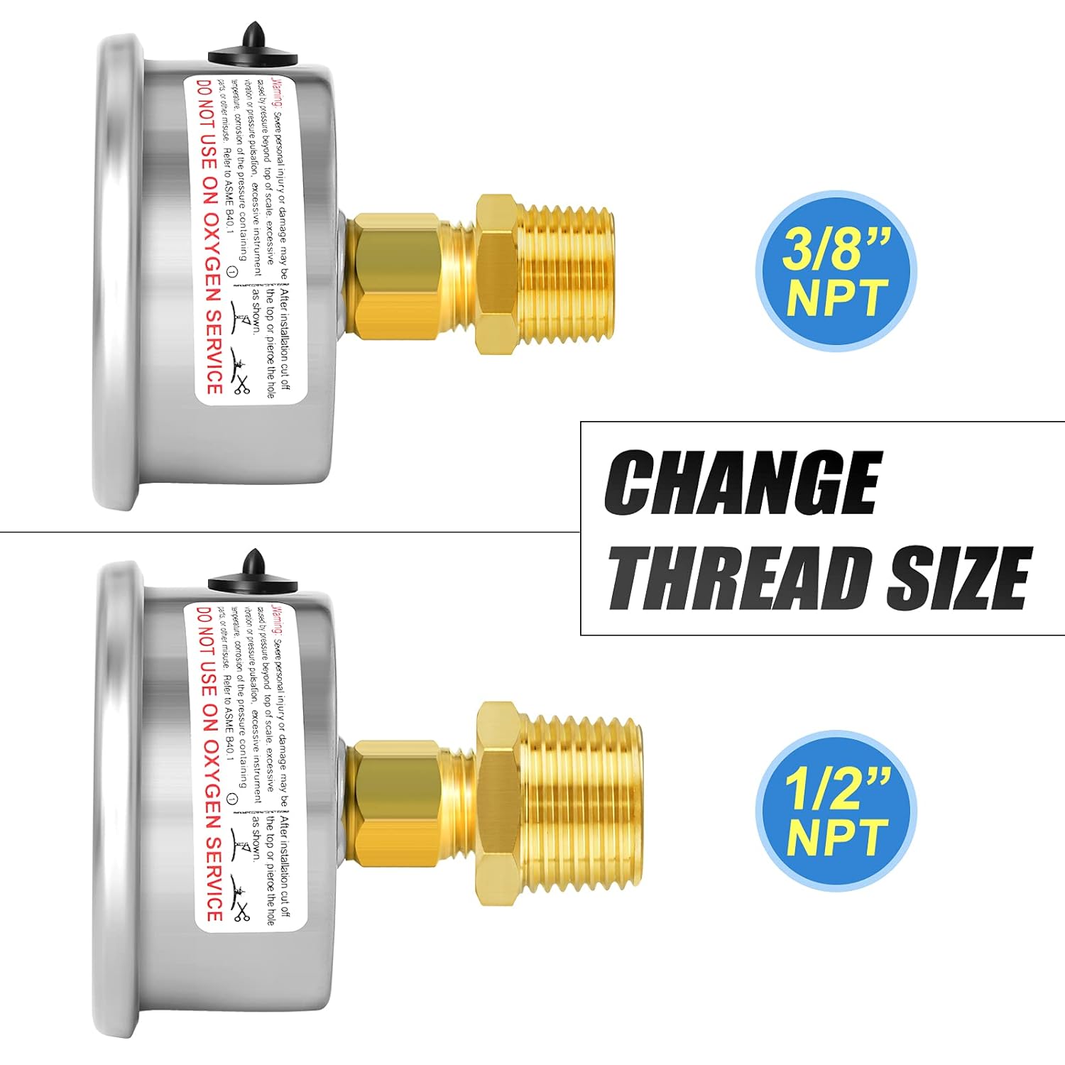 MEANLIN MEASURE 1/4" NPT 0-60psi Pressure Gauge, 2" Dial Glycerine Filled Pool Filter, 304 Stainless Steel Housing, Back Mount, with 1/2" NPT and 3/8" NPT Hex Bushing