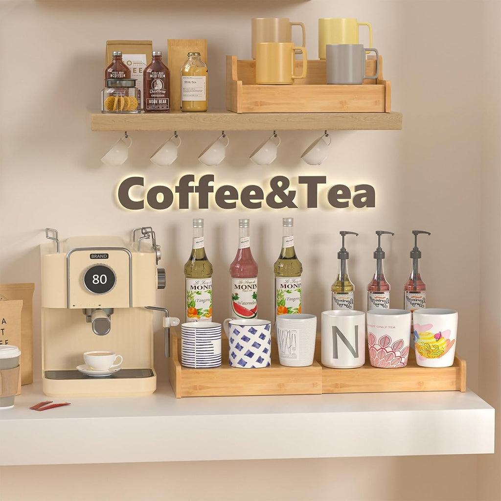 2-Tier Expandable Coffee Mug Holder, Mug Organizer for Kitchen Cabinets, Bamboo Mug Cup Rack, Multi-Functional Cup Holder Shelf, Coffee Bar Organizer, Home
