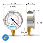 MEANLIN MEASURE -30inHG~0Psi Stainless Steel 1/8" NPT 2.5" FACE DIAL Vacuum Pressure Gauge, Lower Mount, with 1/4" NPT and 3/8" NPT Hex Bushing