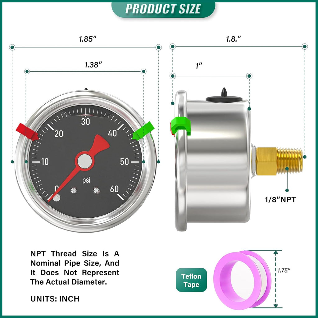 0-60PSI Stainless Steel Glycerin Filled Pressure Gauge 1.5" Black Dial Size, 1/8" NPT Back Mount, for Tube, Water Pump, Gas, Liquid, Pressure Test (with Range Mark Pointer)