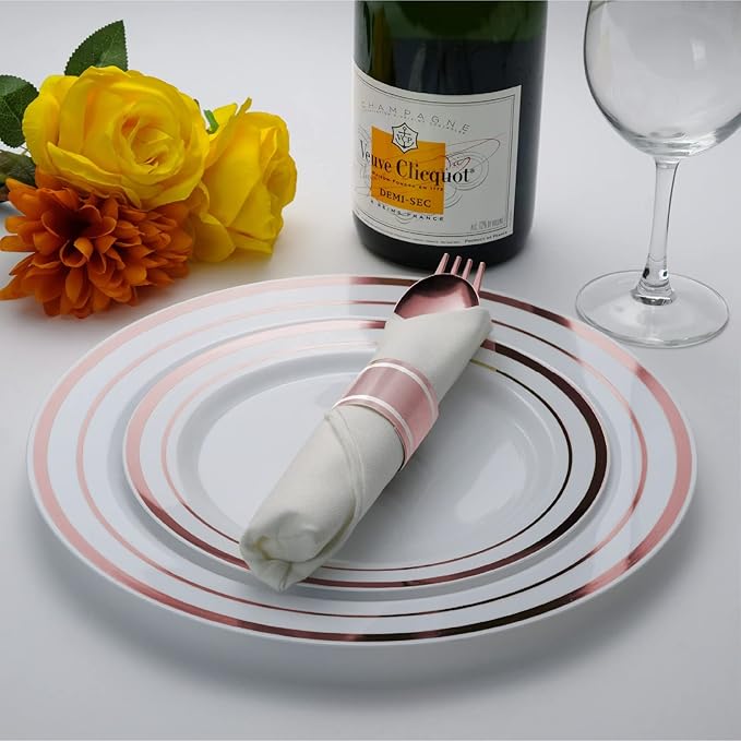 Pre Wrapped Cutlery Set- 25 sets of Fork, Knife, Spoon wrapped in a napkin - 25 Small Plates- 25 Big Plates (Silver)