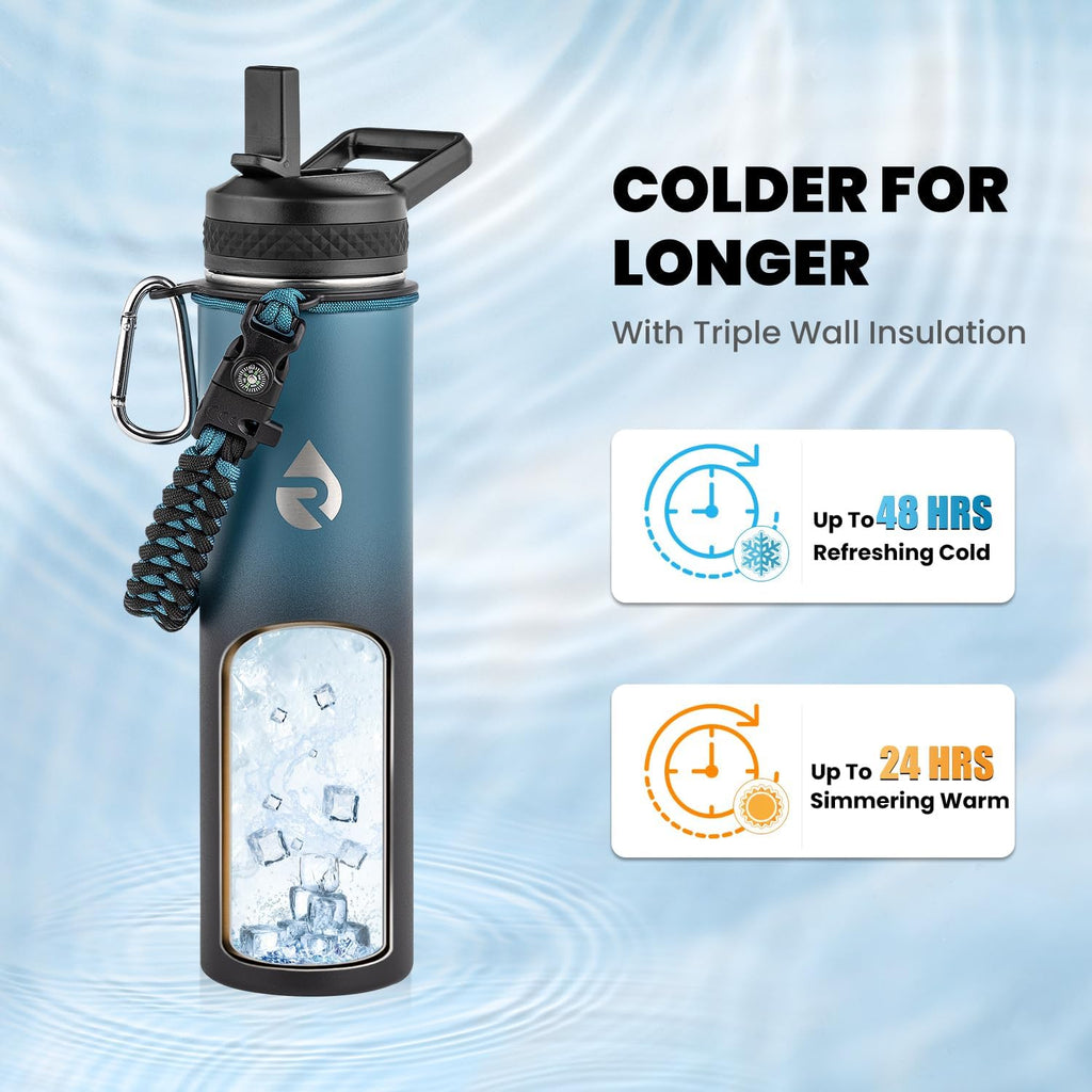 Insulated Water Bottle 24oz, Triple Wall Vacuum Stainless Steel (Cold for 48 Hrs, Hot for 24Hrs), Leak Proof & Non-BPA, 24oz Hydro Water Flask with Paracord Handle & Straw Spout Lids