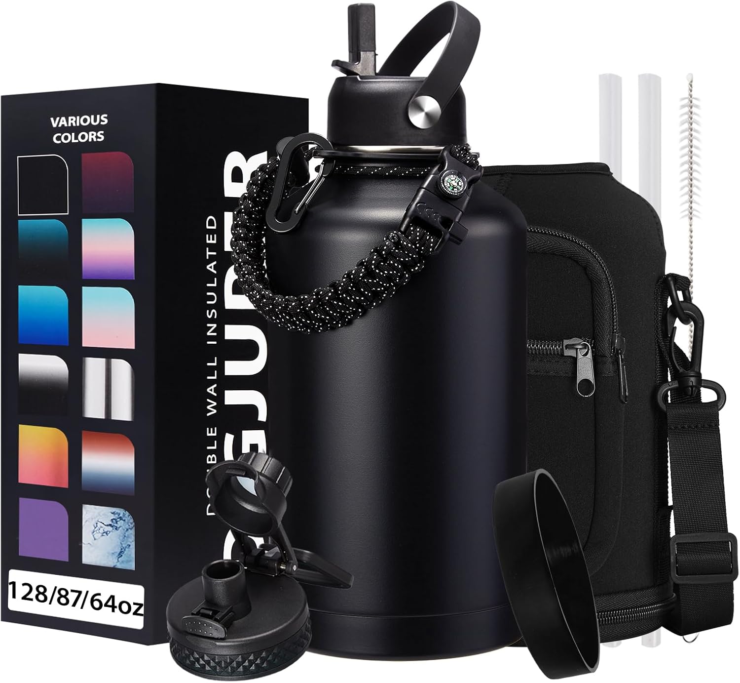 Insulated Water Bottle 64oz - w/Paracord Handle, Straw & Spout Lids, Carrier Bag, Half Gallon Sport Stainless Steel Water Flask Jug, Thermo Mug Double-wall Vacuum Water Bottle