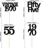 Gyufise 24Pcs Vintage 1970 Cupcake Toppers Glitter Cheers to 55 Fabulous Fifty Five Cupcake Picks 55th Birthday Wedding Anniversary Party Cake Decorations Supplies Black