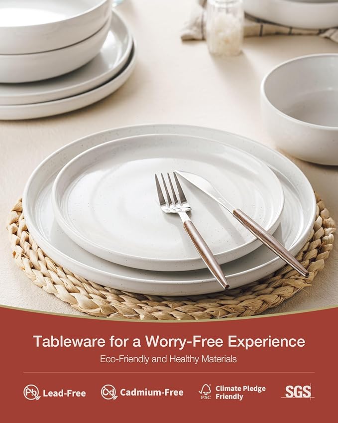 Famiware Milkyway Stoneware Dinnerware Sets with Pasta Bowls, Service for 6 (24 Pieces), Plates and Bowls Sets -Scratch Resistant, Microwave and Dishwasher Safe Dishes Set, White