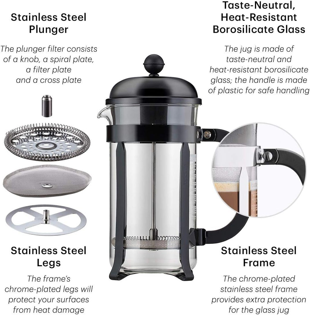 Bodum 34oz Chambord French Press Coffee Maker, High-Heat Borosilicate Glass, Stainless Steel, Black – Made in Portugal