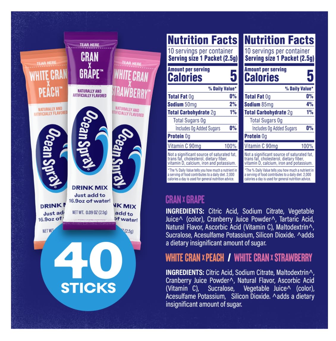 Ocean Spray® Variety Pack Zero Sugar Powder Drink Mix Packets with Real Cranberry Juice Powder, 100% Vitamin C, No Synthetic Dyes, Juicy Mixes (40ct)